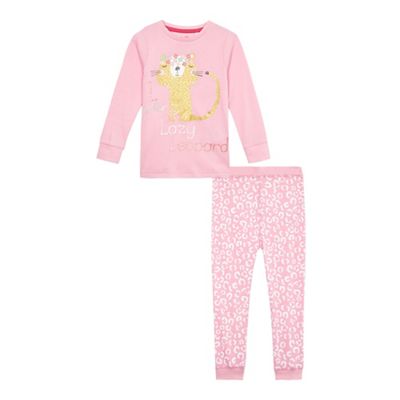 Girls' pink 'lazy leopard' print pyjama top and bottoms set